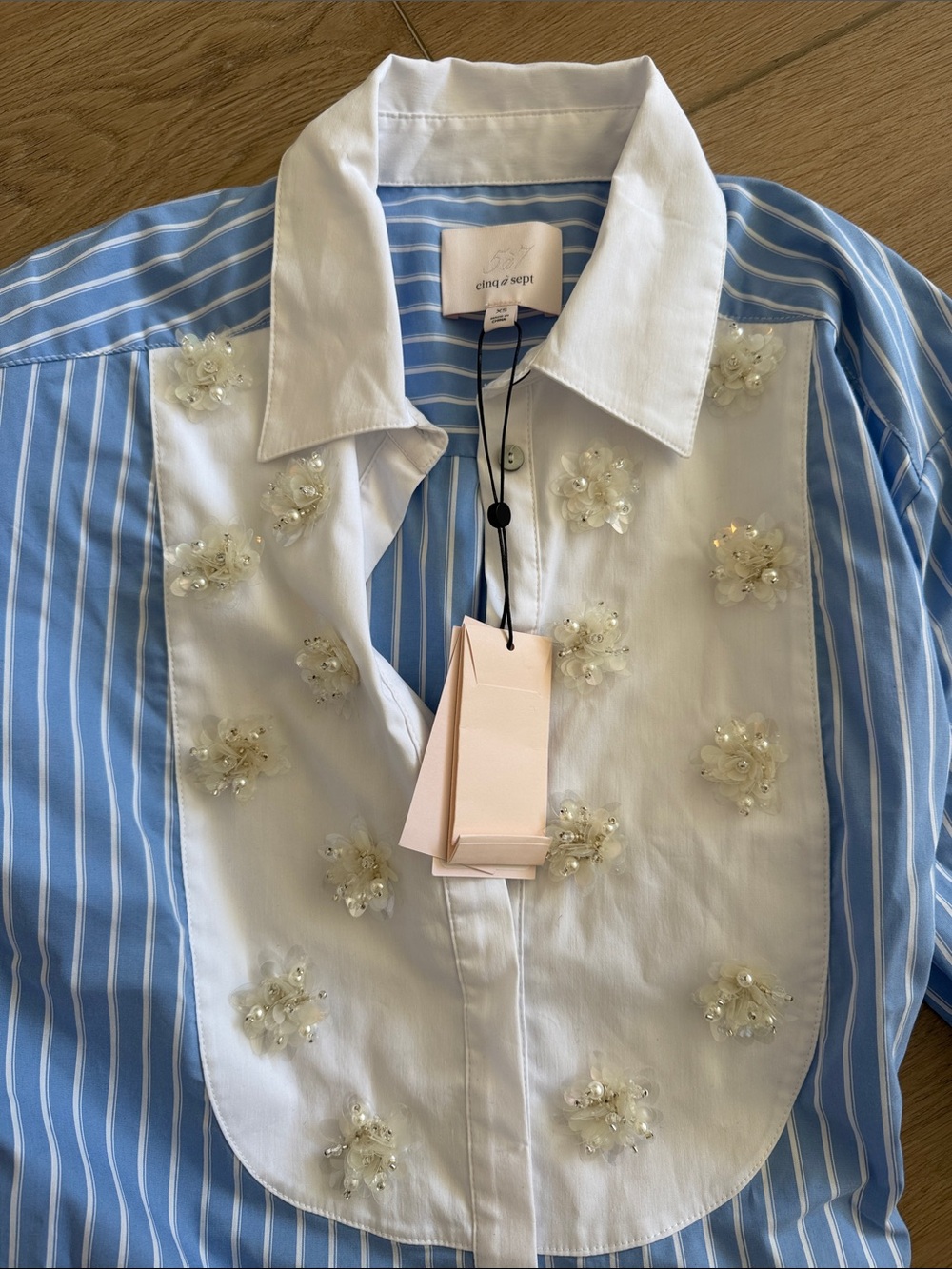 cinq a sept Blue & White Striped Shirt Dress with Beaded Floral Bib